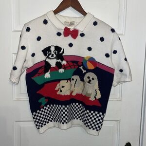 SWEET!!! Susan Bristol 1991 Short Sleeve‎ Sweater Dogs Colorful